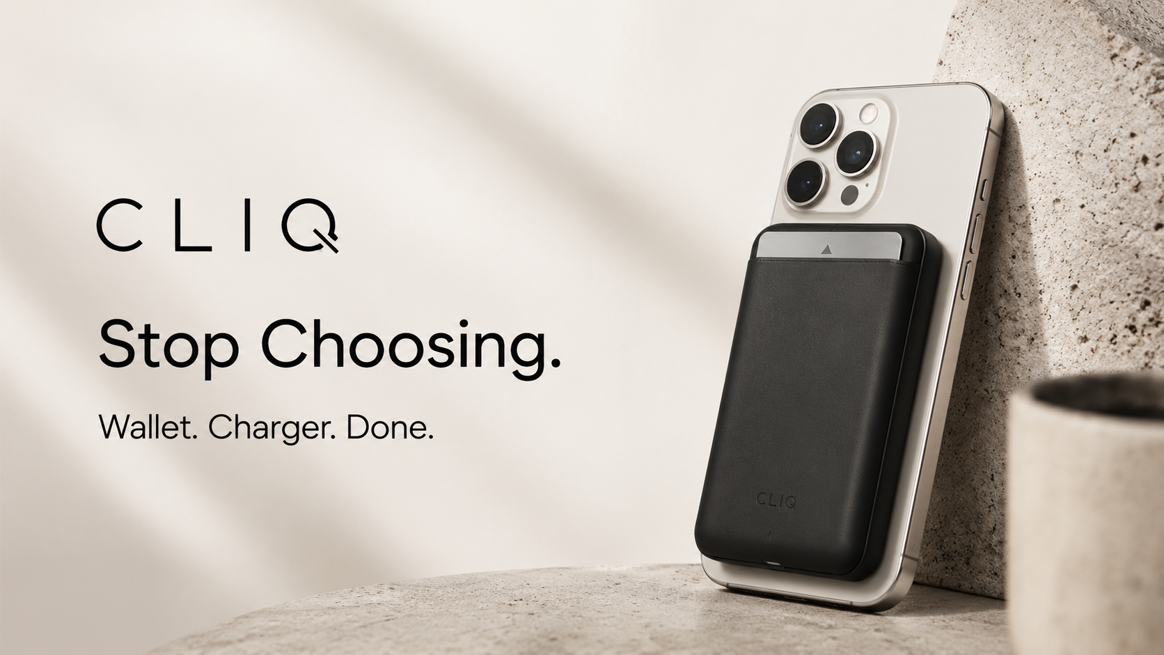 CLIQ product concept shown attached to an iPhone with the message Stop Choosing